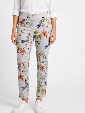 PECK & PECK Blue Pinstriped Floral Cropped Pants Pull-on Ponte